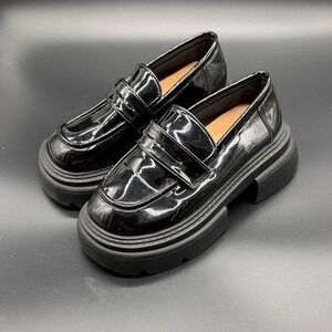 Fashion Black Patent Chunky Platform‎ Loafers Women Size 6